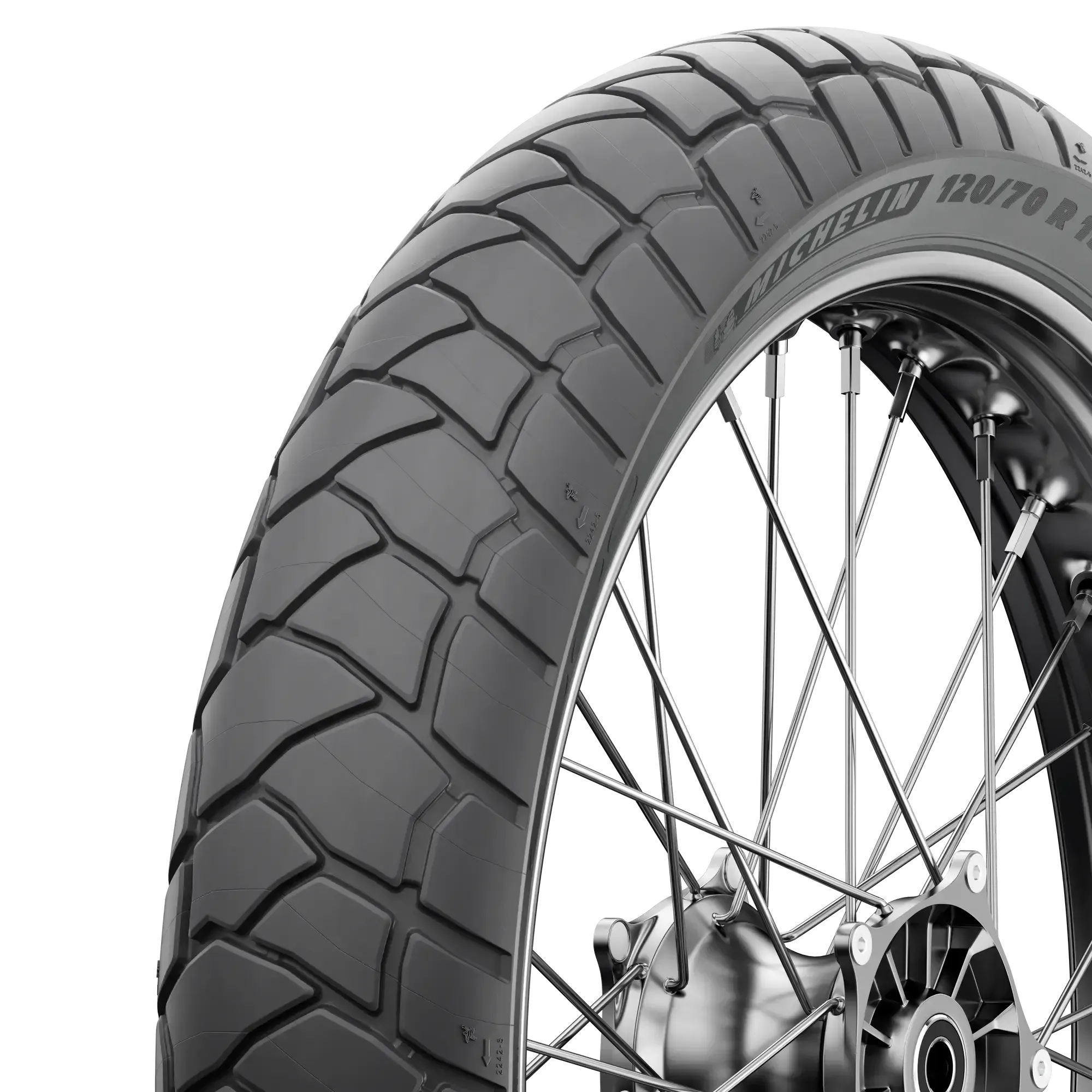Michelin Anakee Adventure front tire in 110/80R18 size, suitable for Triumph Bonneville and Scrambler models.