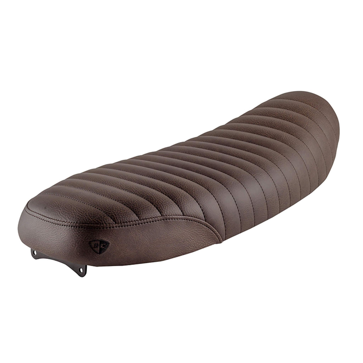 Slammer Tuck N Roll gel seat in brown fitted to an air-cooled Triumph, side view